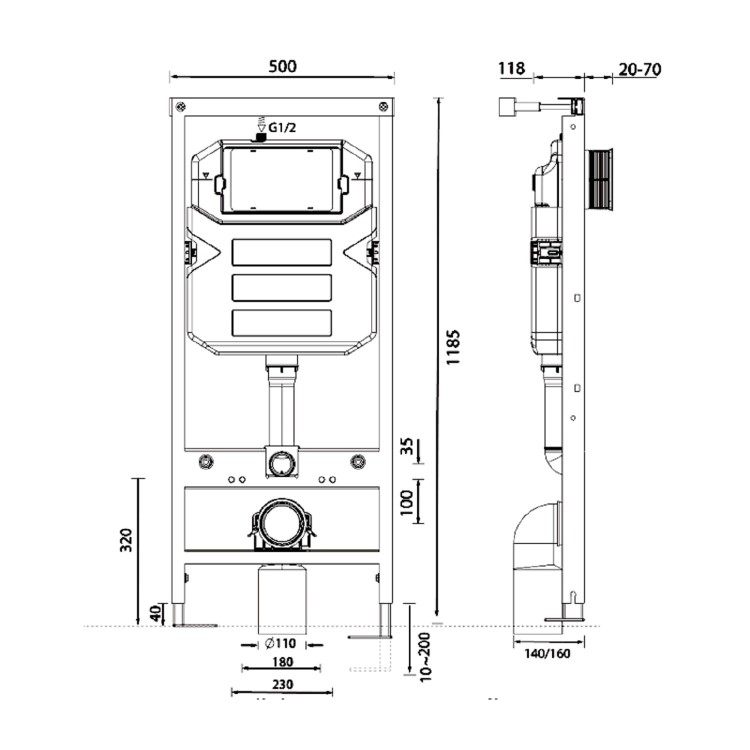 Grade A1 - Concealed Cistern 1180mm Wall Hung Toilet Frame with Flush Plate in Brushed Bronze - Live Your Colour