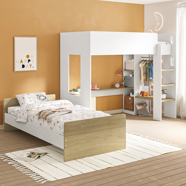 L-Shaped Detachable Bunk Bed with Storage in White and Oak - Layne