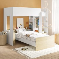 L-Shaped Detachable Bunk Bed with Storage in White and Oak - Layne L-Shaped Detachable Bunk Bed with Storage in White and Oak - Layne