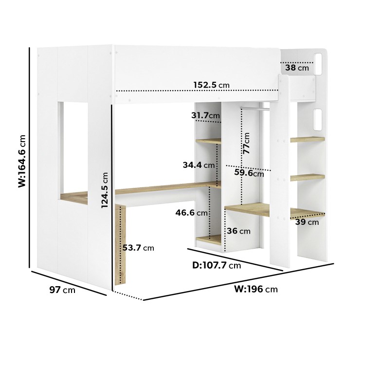 L-Shaped Detachable Bunk Bed with Storage in White and Oak - Layne