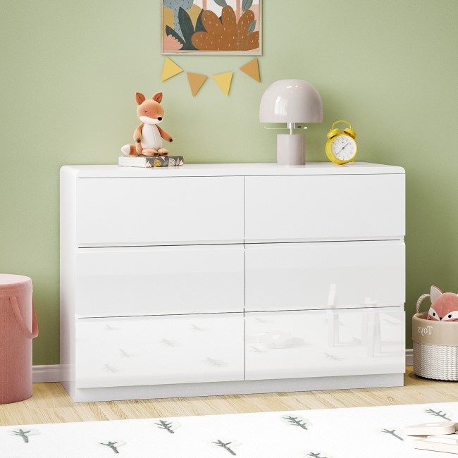 Kids Wide White High Gloss Chest of 6 Drawers - Lyra
