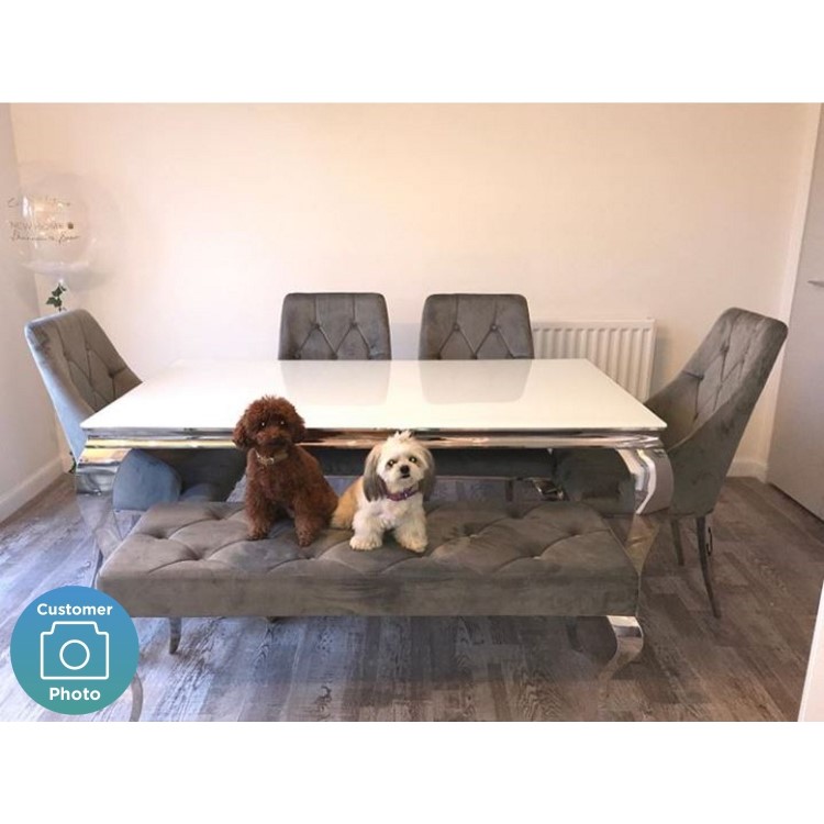 Louis White Dining Table 160cm with 4 Grey Velvet Chairs & 1 Bench - Mirrored Legs