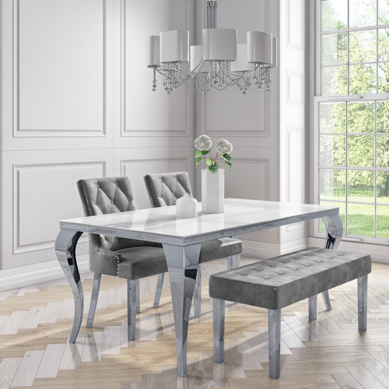 Dining table with top velvet chairs and bench