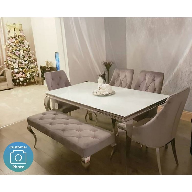 Louis White Dining Table 160cm with 4 Grey Velvet Chairs & 1 Bench - Mirrored Legs