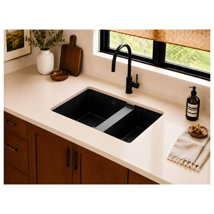1.5 Bowl Undermount Black Granite Composite Kitchen Sink Reversible - Enza Madison
