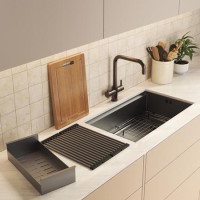 Bronze 3 in 1 Instant Boiling Water Kitchen Tap & Black Undermount Workstation Sink with Accessories Set - Mae
