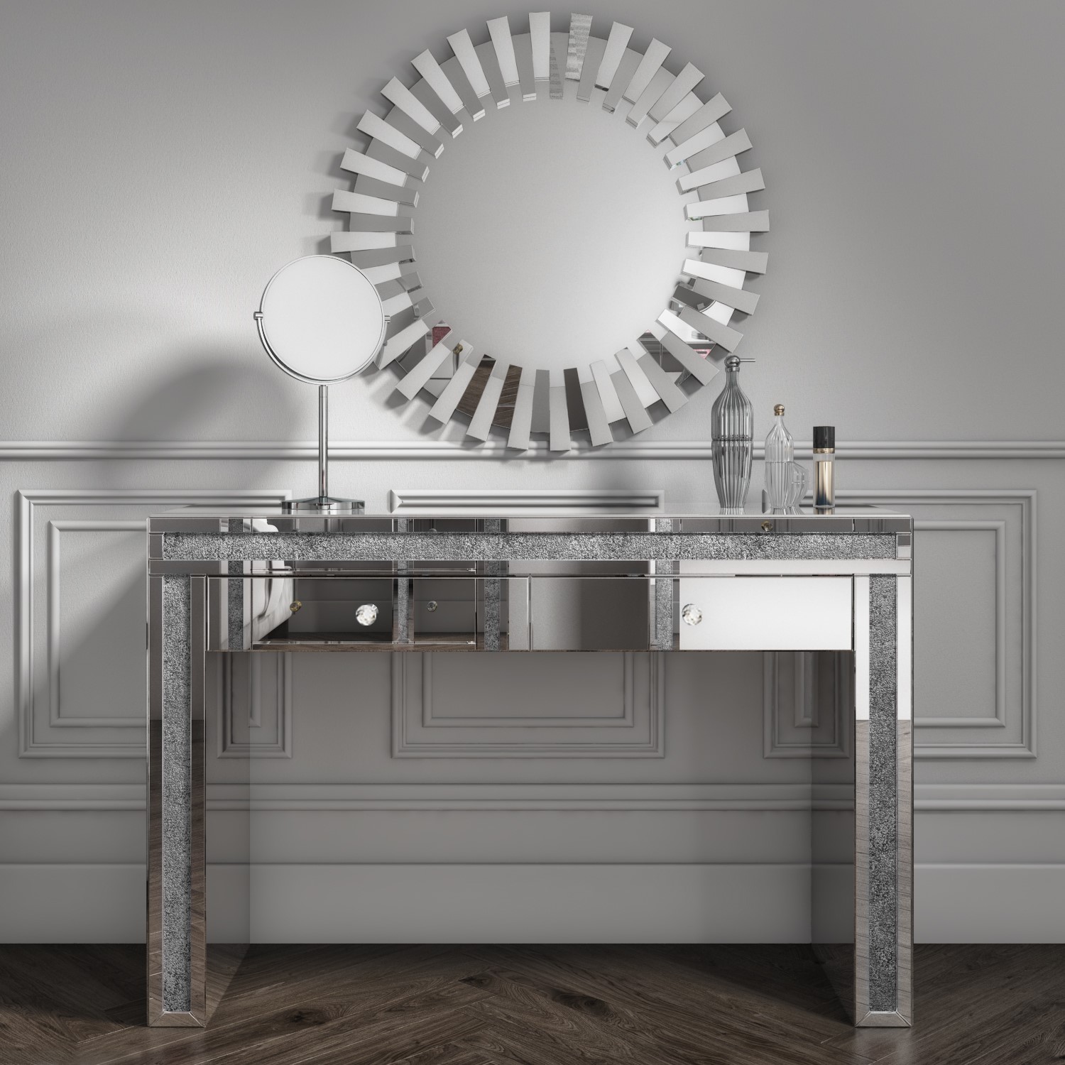 Mariah Crushed Diamond Mirrored Dressing Table In Silver Itdirect Ie Mariah Crushed Diamond Mirrored, Mirrored Dressing Table With Drawers Ireland