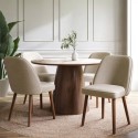 BUN/MAL001A/95586 Neutral Ceramic Round Walnut Dining Table Set with 4 Beige Upholstered Chairs - Seats 4 - Malia