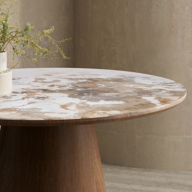 Round Walnut and Marble Effect Pedestal Dining Table - Seats 4 - Malia