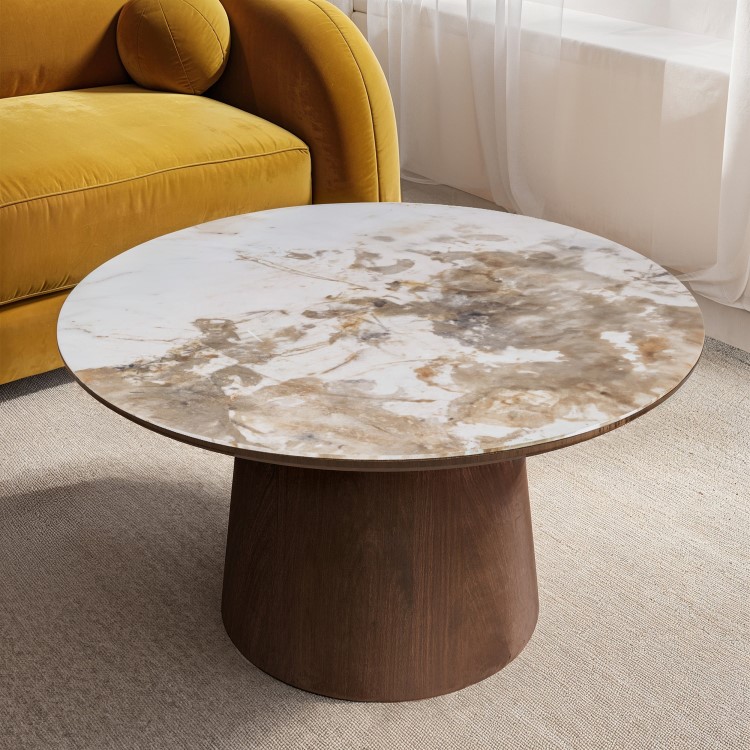 Neutral Ceramic Round Walnut Coffee Table and Sofa Table - Malia