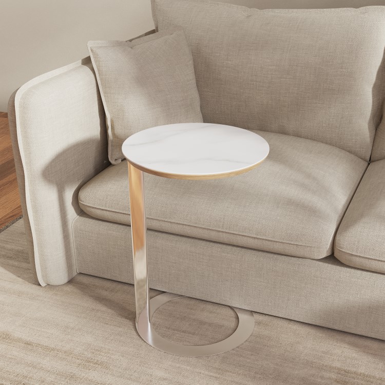 Round Side Table with White Marble Effect and Chrome Base - Malia