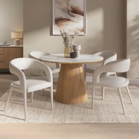 Round Oak and Marble Effect Dining Table Set with 4 Beige Real Leather Chairs - Seats 4 - Malia Round Oak and Marble Effect Dining Table Set with 4 Beige Real Leather Chairs - Seats 4 - Malia