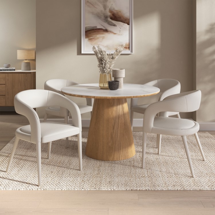 Round Oak and Marble Effect Dining Table Set with 4 Beige Real Leather Chairs - Seats 4 - Malia