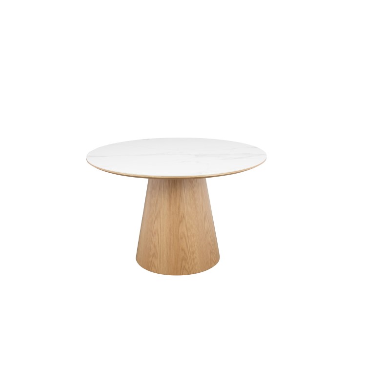 Round Oak and Marble Effect Dining Table Set with 4 Beige Real Leather Chairs - Seats 4 - Malia