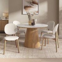 Round Oak and Marble Effect Dining Table Set with 4 Cream Upholstered Chairs - Seats 4 - Malia Round Oak and Marble Effect Dining Table Set with 4 Cream Upholstered Chairs - Seats 4 - Malia