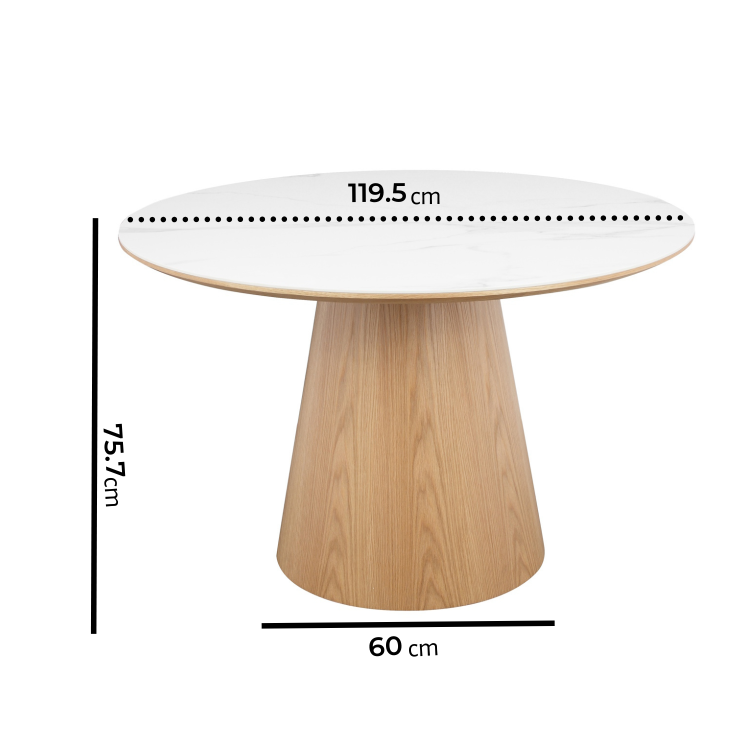 Round Oak and Marble Effect Dining Table Set with 4 Cream Upholstered Chairs - Seats 4 - Malia