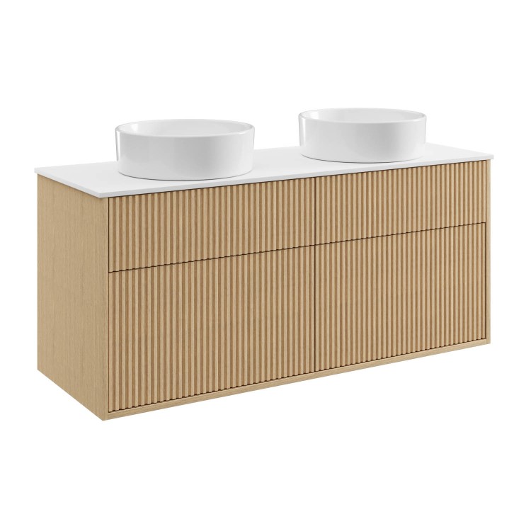 1250mm Wooden Fluted Wall Hung Double Countertop Vanity Unit with Basins - Matira