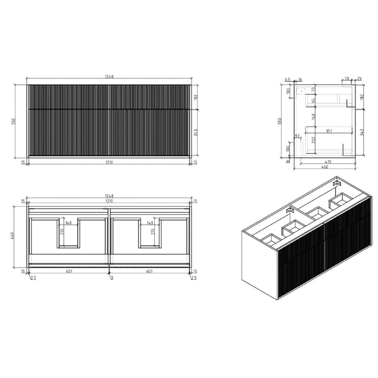 ONLY OPENED - 1250mm Wooden Fluted Wall Hung Countertop Double Vanity Unit - Matira