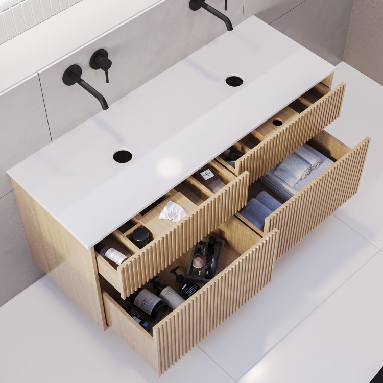 ONLY OPENED - 1250mm Wooden Fluted Wall Hung Countertop Double Vanity Unit - Matira