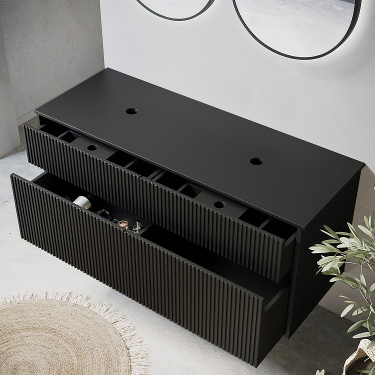 1250mm Black Wooden Fluted Wall Hung Double Countertop Vanity Unit - Matira