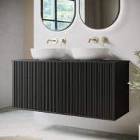 1250mm Black Wooden Fluted Wall Hung Double Countertop Vanity Unit with Basins - Matira
