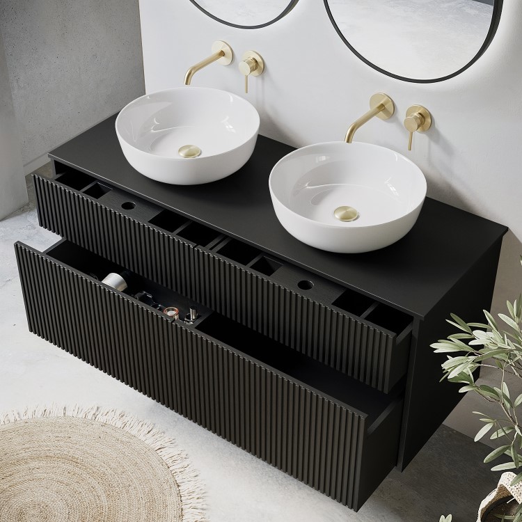1250mm Black Wooden Fluted Wall Hung Double Countertop Vanity Unit with Basins - Matira
