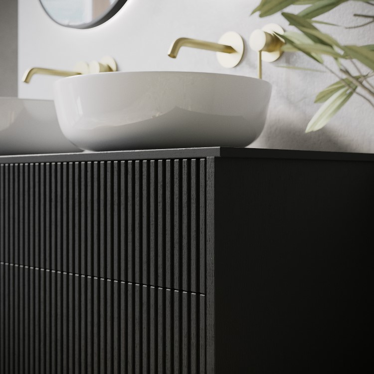 1250mm Black Wooden Fluted Wall Hung Double Countertop Vanity Unit with Basins - Matira