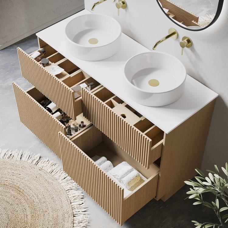 1250mm Wooden Fluted Freestanding Double Countertop Vanity Unit with Basins - Matira