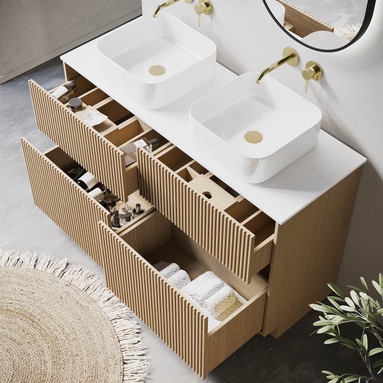 ONLY OPENED - 1250mm Wooden Fluted Freestanding Double Countertop Vanity Unit with Round Basin - Matira