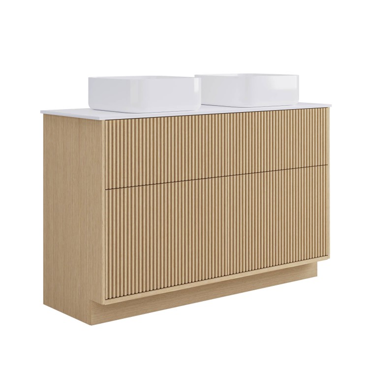 ONLY OPENED - 1250mm Wooden Fluted Freestanding Double Countertop Vanity Unit with Round Basin - Matira