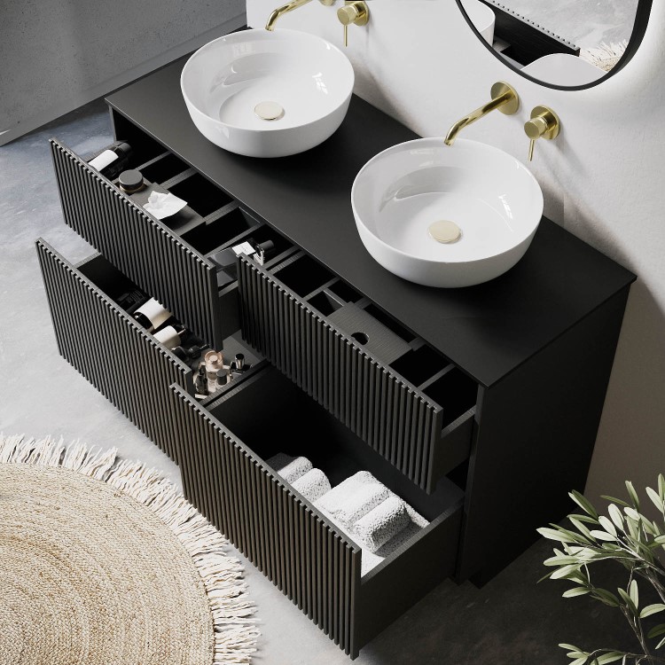 1250mm Black Wooden Fluted Freestanding Double Countertop Vanity Unit with Basins - Matira