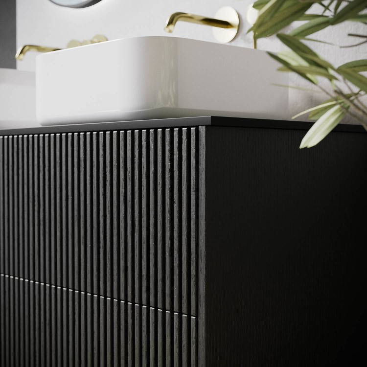 1250mm Black Wooden Fluted Freestanding Double Countertop Vanity Unit with Basins - Matira