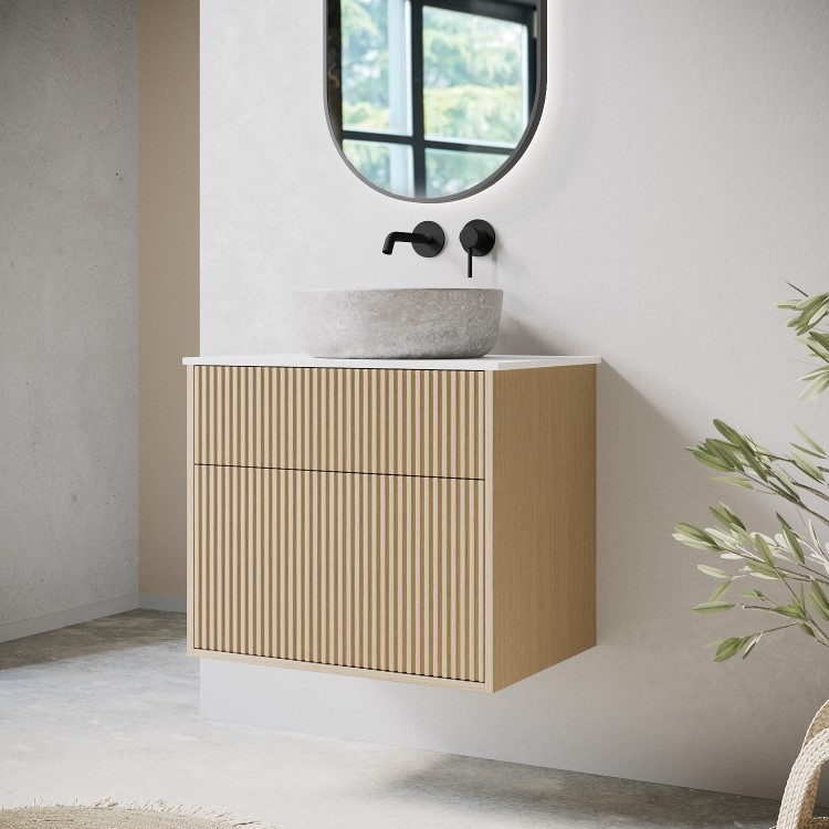 ALMOST PERFECT - 650mm Wooden Fluted Wall Hung Countertop Vanity Unit with Stone Effect Basin - Matira