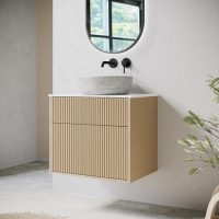 ALMOST PERFECT - 650mm Wooden Fluted Wall Hung Countertop Vanity Unit with Stone Effect Basin - Matira