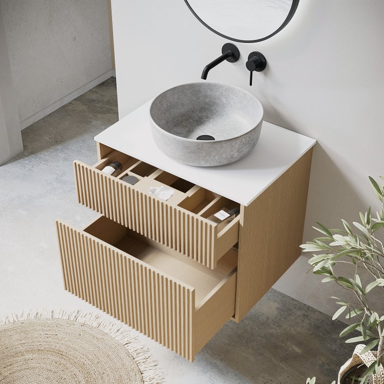 ALMOST PERFECT - 650mm Wooden Fluted Wall Hung Countertop Vanity Unit with Stone Effect Basin - Matira