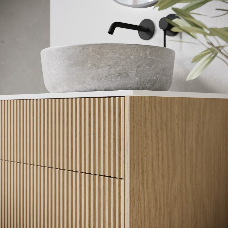 ALMOST PERFECT - 650mm Wooden Fluted Wall Hung Countertop Vanity Unit with Stone Effect Basin - Matira