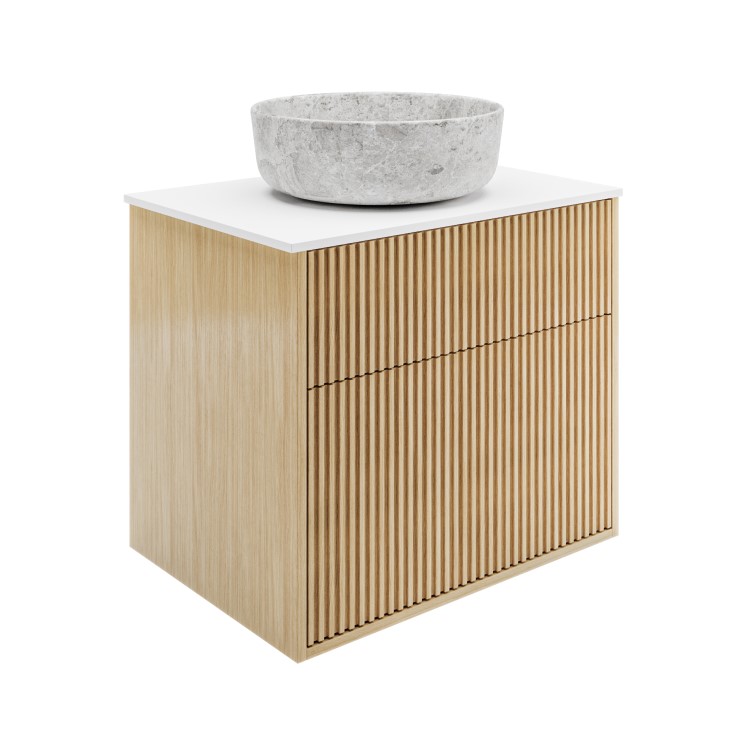 ALMOST PERFECT - 650mm Wooden Fluted Wall Hung Countertop Vanity Unit with Stone Effect Basin - Matira
