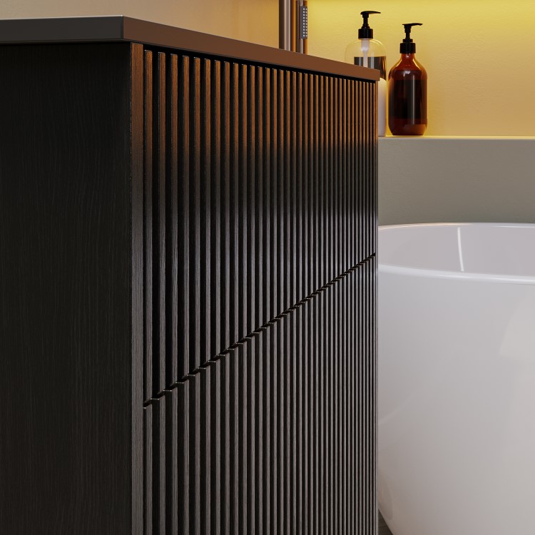 ONLY OPENED - 650mm Black Wooden Fluted Wall Hung Countertop Vanity Unit - Matira