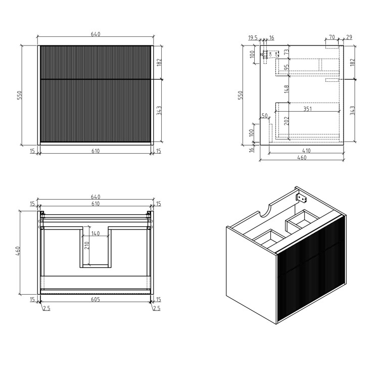 ONLY OPENED - 650mm Black Wooden Fluted Wall Hung Countertop Vanity Unit - Matira