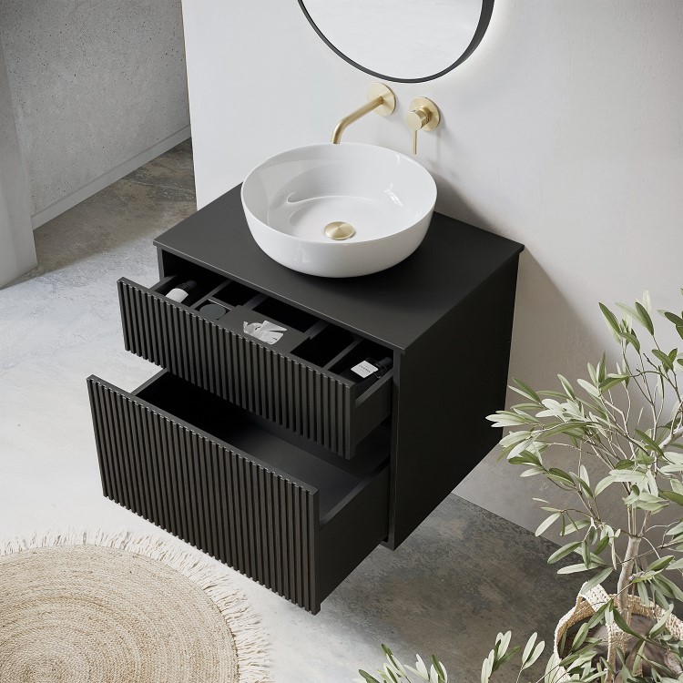 650mm Black Wooden Fluted Wall Hung Countertop Vanity Unit with Basin - Matira