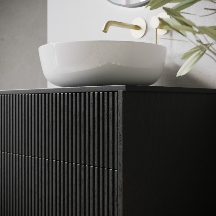 650mm Black Wooden Fluted Wall Hung Countertop Vanity Unit with Basin - Matira