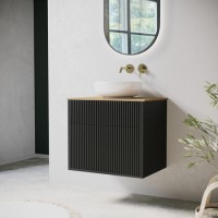 650mm Black Wooden Fluted Wall Hung Countertop Vanity Unit with Basin and Wood Effect Worktop - Matira