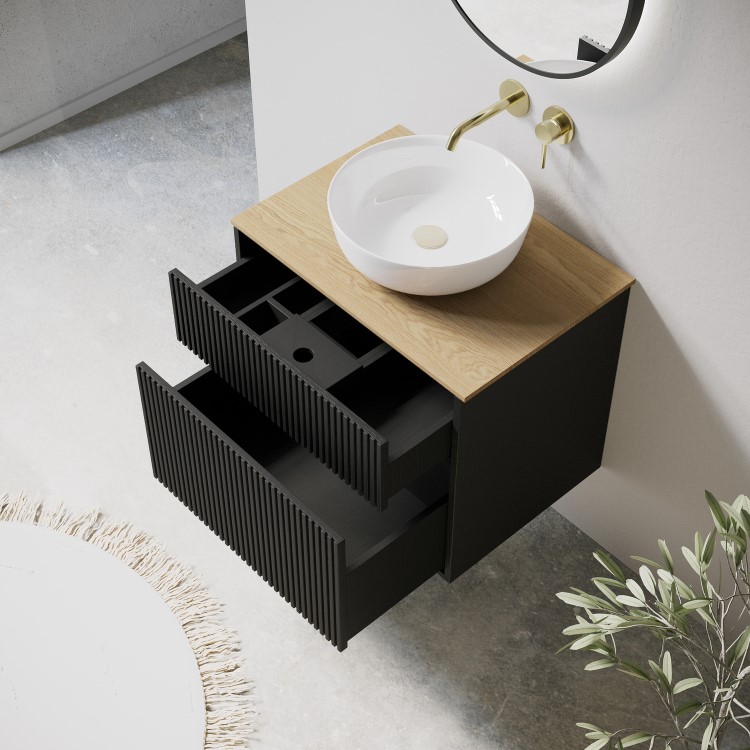 650mm Black Wooden Fluted Wall Hung Countertop Vanity Unit with Basin and Wood Effect Worktop - Matira