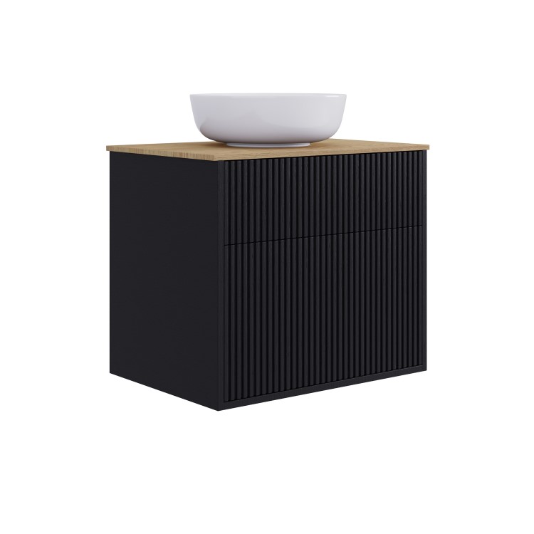 650mm Black Wooden Fluted Wall Hung Countertop Vanity Unit with Basin and Wood Effect Worktop - Matira