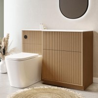 1150mm Wooden Fluted Right Hand Toilet and Sink Unit with Square Toilet and Black Push Button - Matira