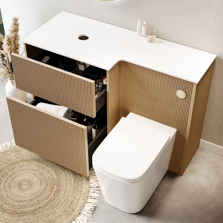 1150mm Wooden Fluted Left Hand Toilet and Sink Unit with Square Toilet and Brass Push Button - Matira