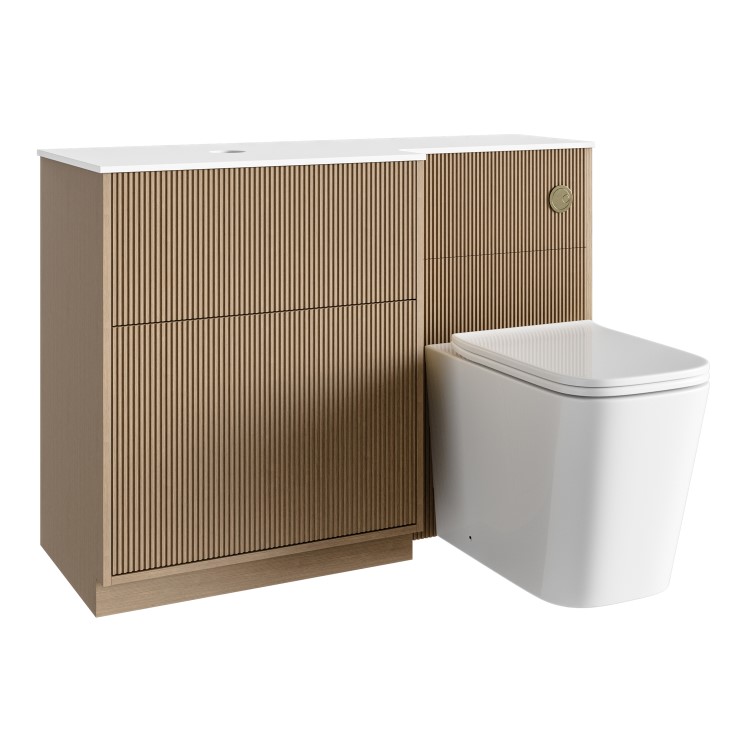 1150mm Wooden Fluted Left Hand Toilet and Sink Unit with Square Toilet and Brass Push Button - Matira