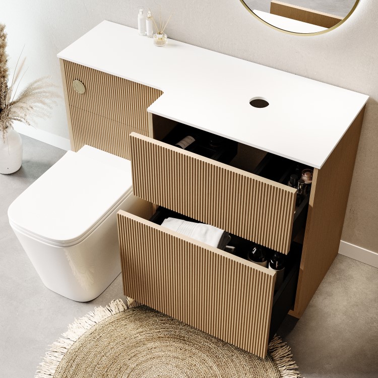 1150mm Wooden Fluted Right Hand Toilet and Sink Unit with Square Toilet and Brass Push Button - Matira