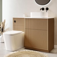 1150mm Wooden Fluted Right Hand Toilet and Sink Unit with Square Toilet & Basin and Black Push Button - Matira
