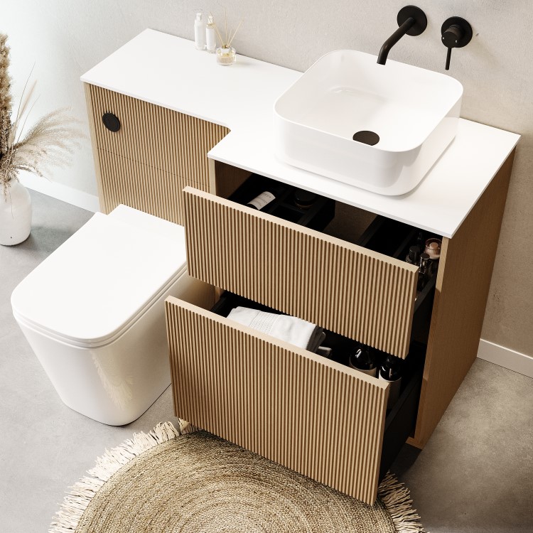 1150mm Wooden Fluted Right Hand Toilet and Sink Unit with Square Toilet & Basin and Black Push Button - Matira